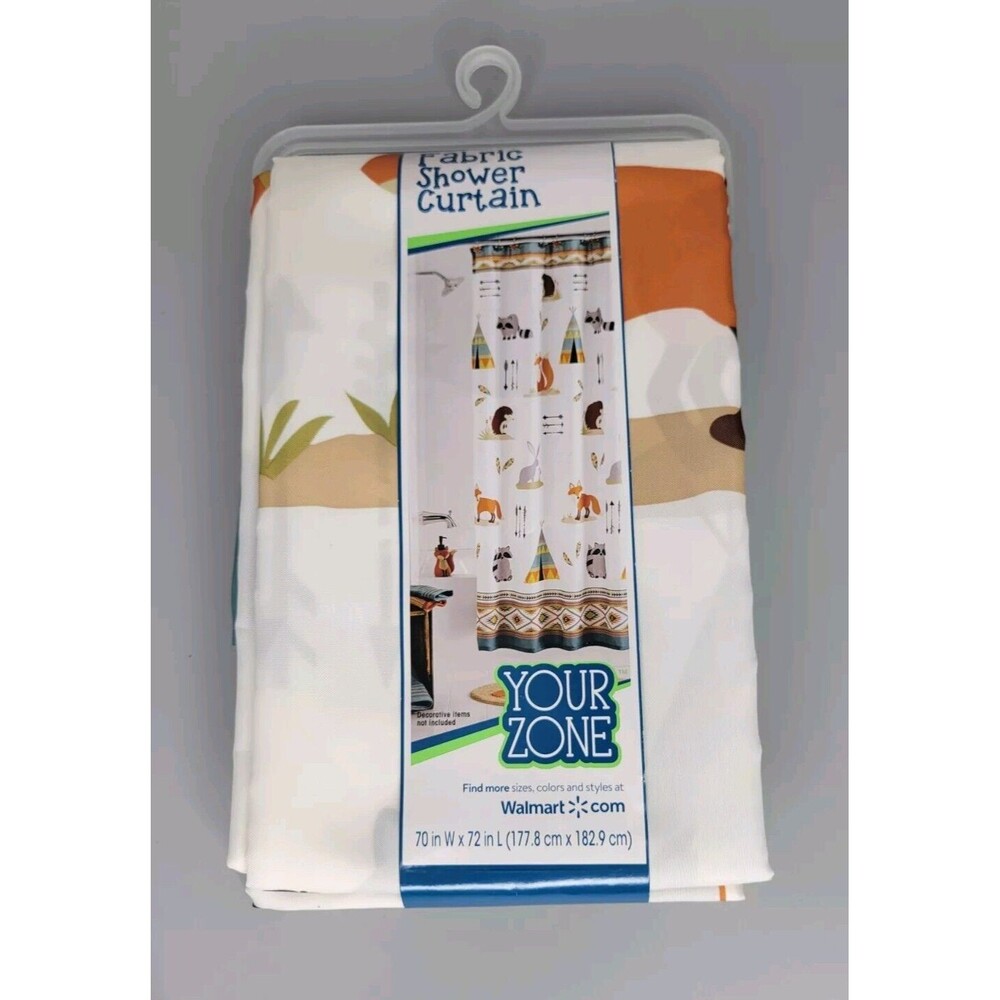 NEW Your Zone Woodland Creatures White Tan Fabric Shower Curtain 70" W x 72" L